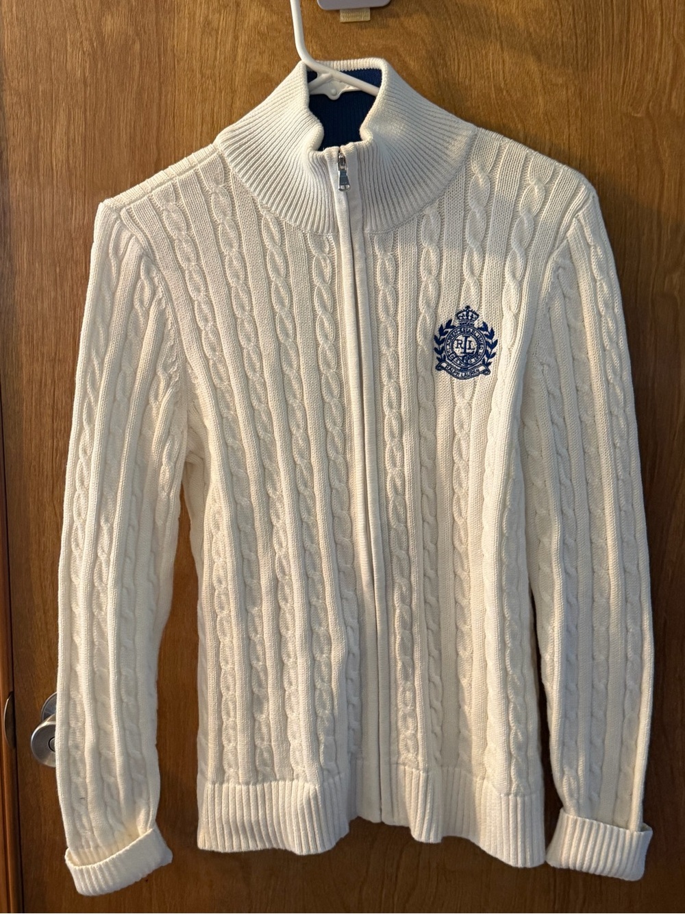 Lauren Ralph Lauren Active Womens Full Zip Cable Knit Crest Cardigan Sz Large